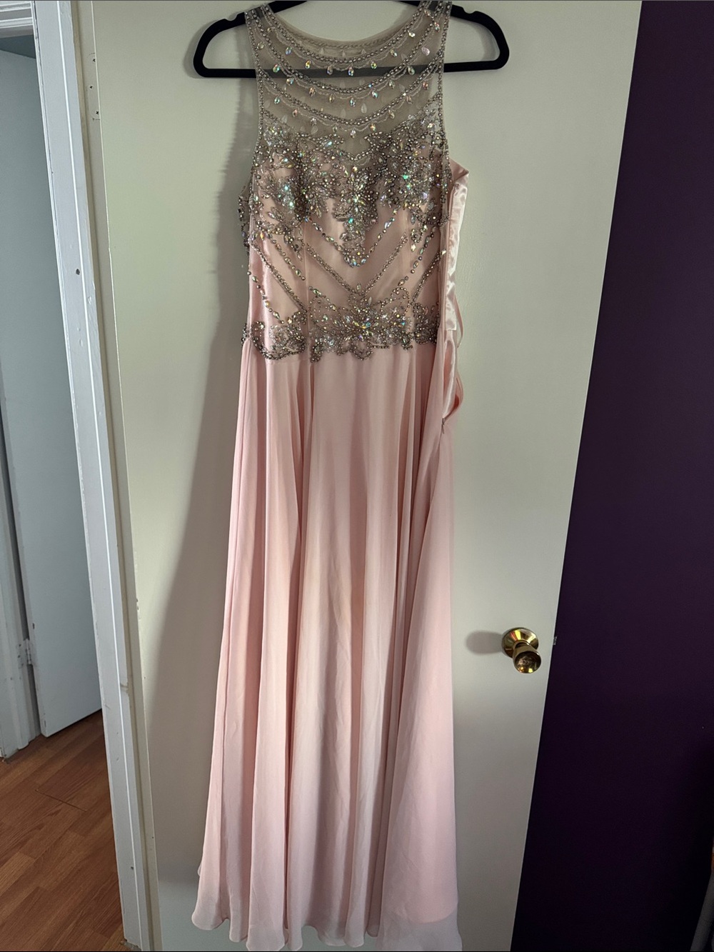 Elegant Beaded Illusion Neckline Pink Prom Dress